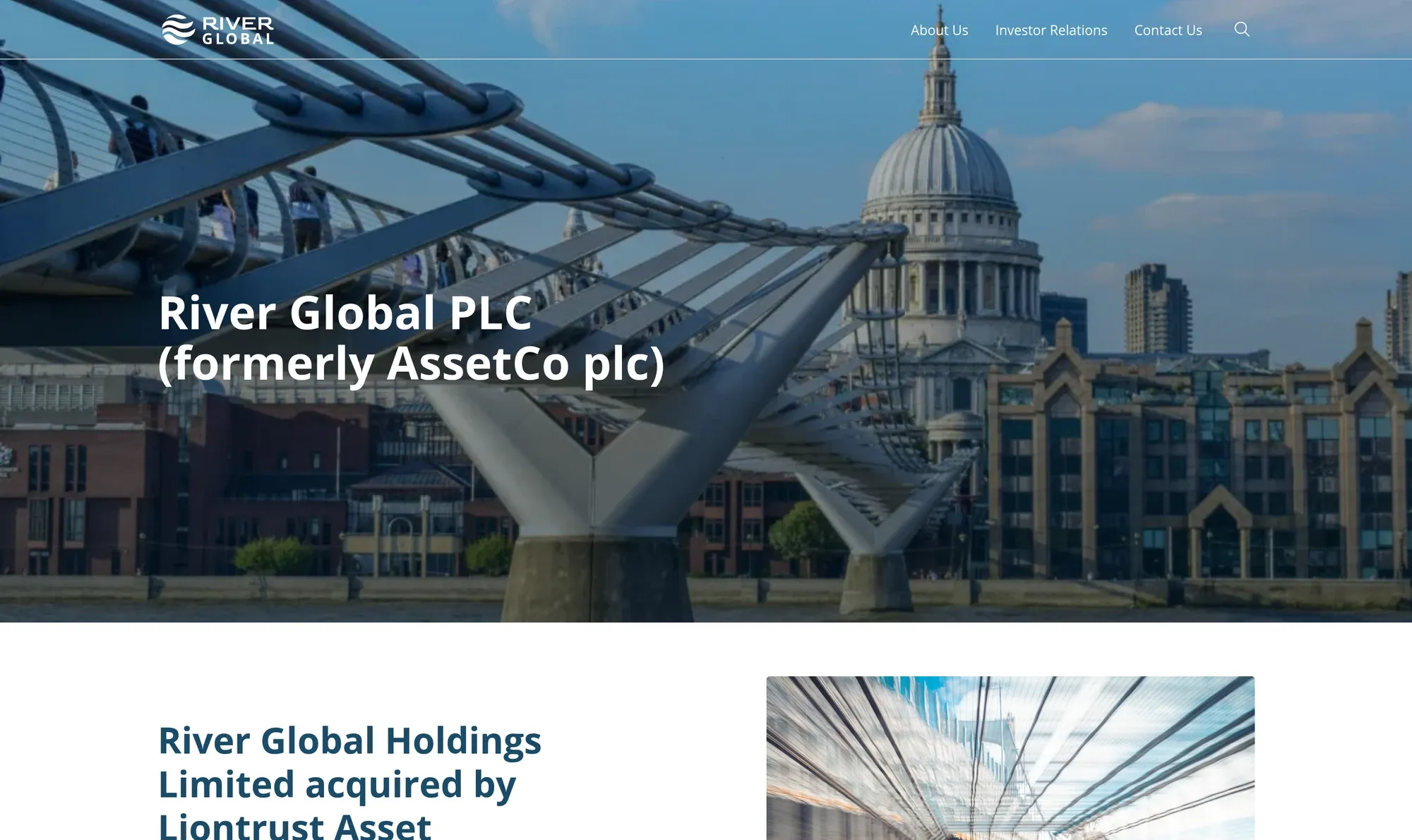 The River Global PLC website home page, with the Millennium Bridge and St Paul's Cathedral behind the company name