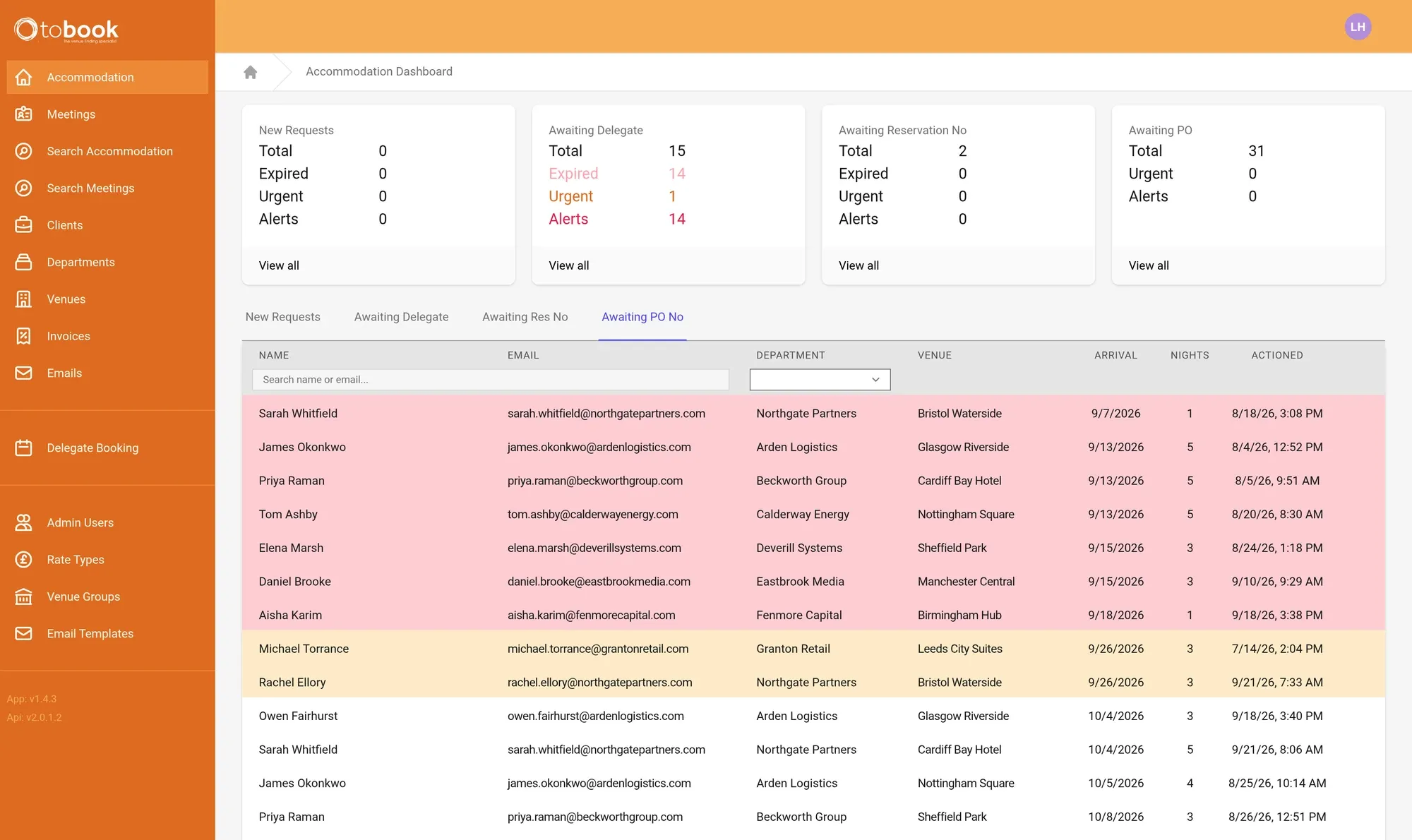 The tobook booking platform, showing the accommodation dashboard with bookings awaiting purchase order numbers. Delegate and client details are sample data.