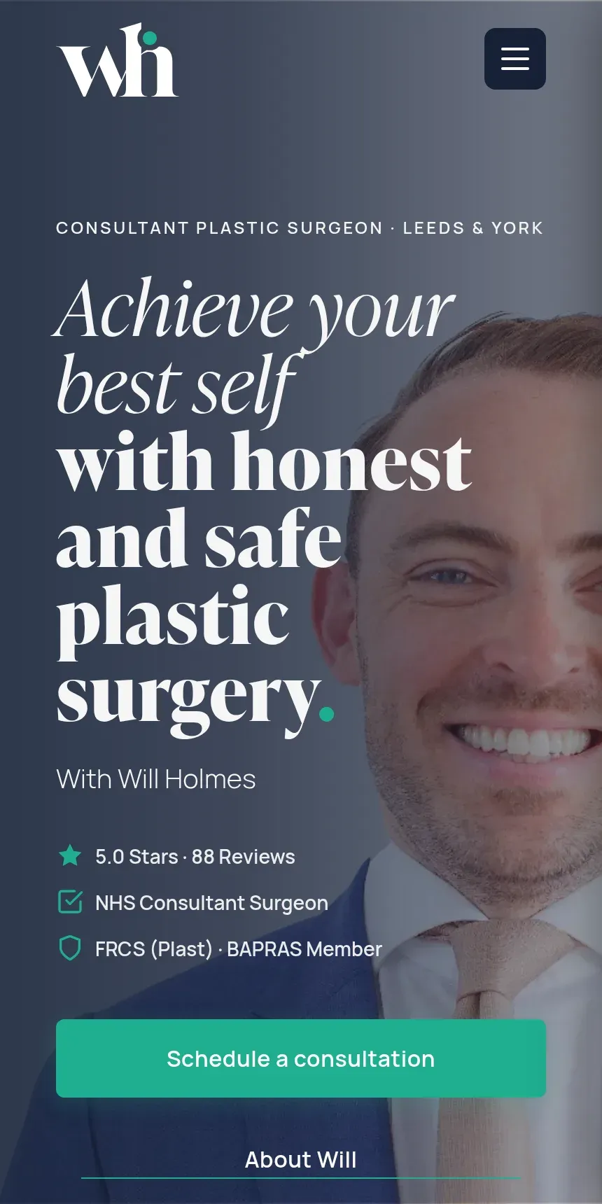 The Will Holmes home page on a phone, showing his reviews, his qualifications and a Schedule a consultation button